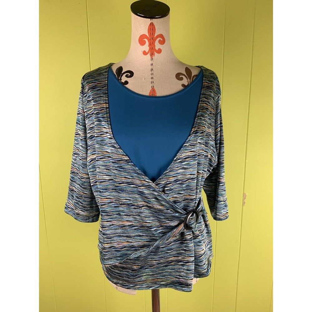 Women’s Multicolor Tunic + Blouse Wrap L Ruched Accent Buckle Overlay